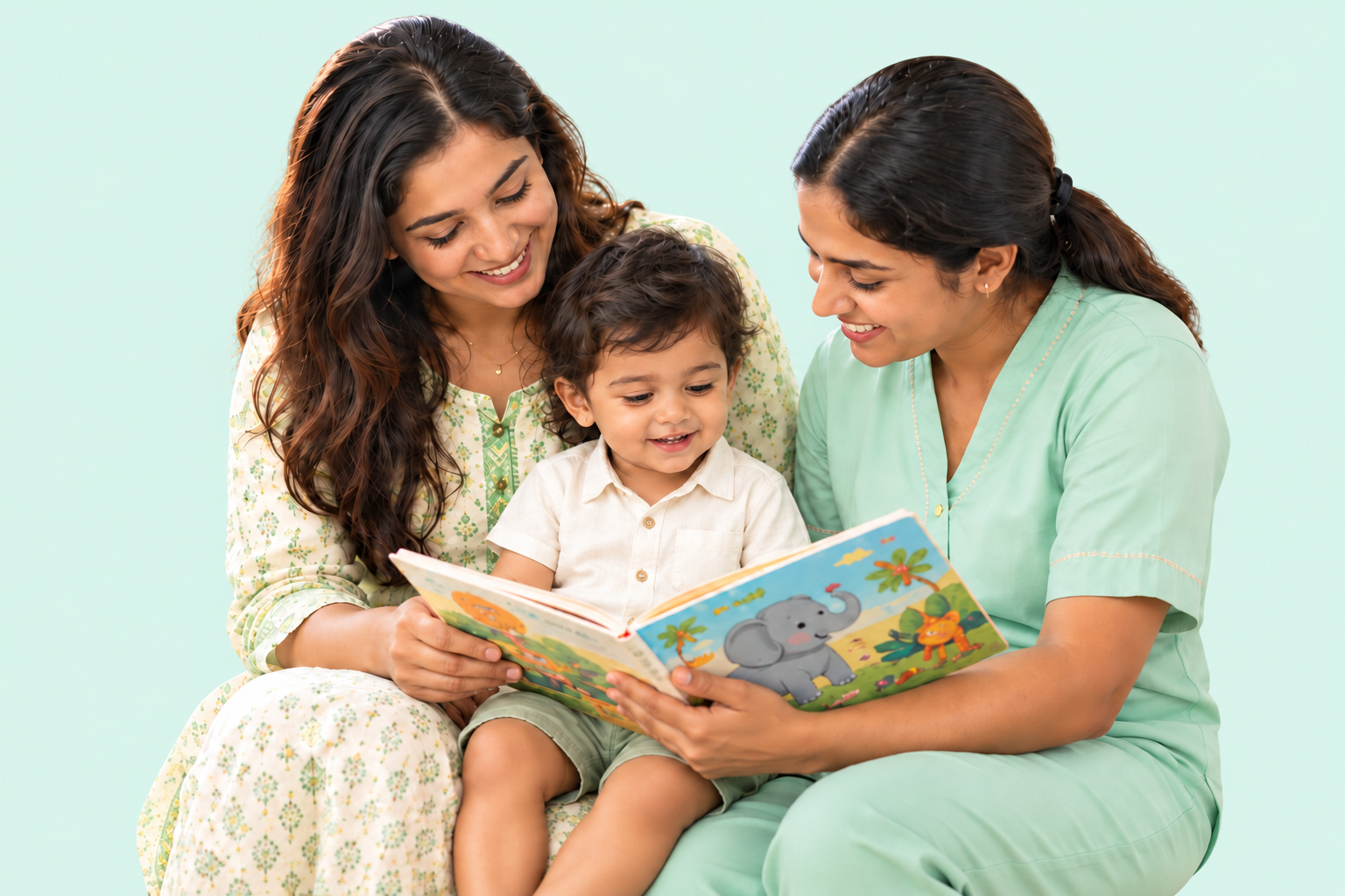 A mother and a caregiver reading a picture book with a toddler